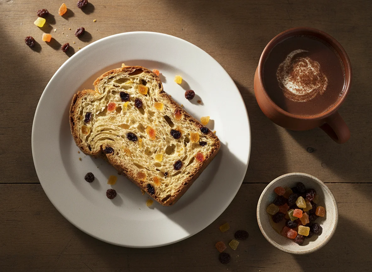 Desayuno con chocolate caliente y panetón photo