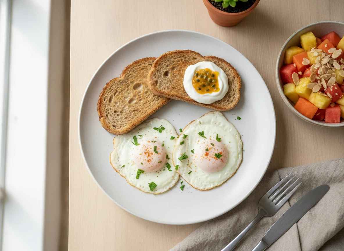 Desayuno con claras de huevo, pan tostado y ensalada de frutas photo