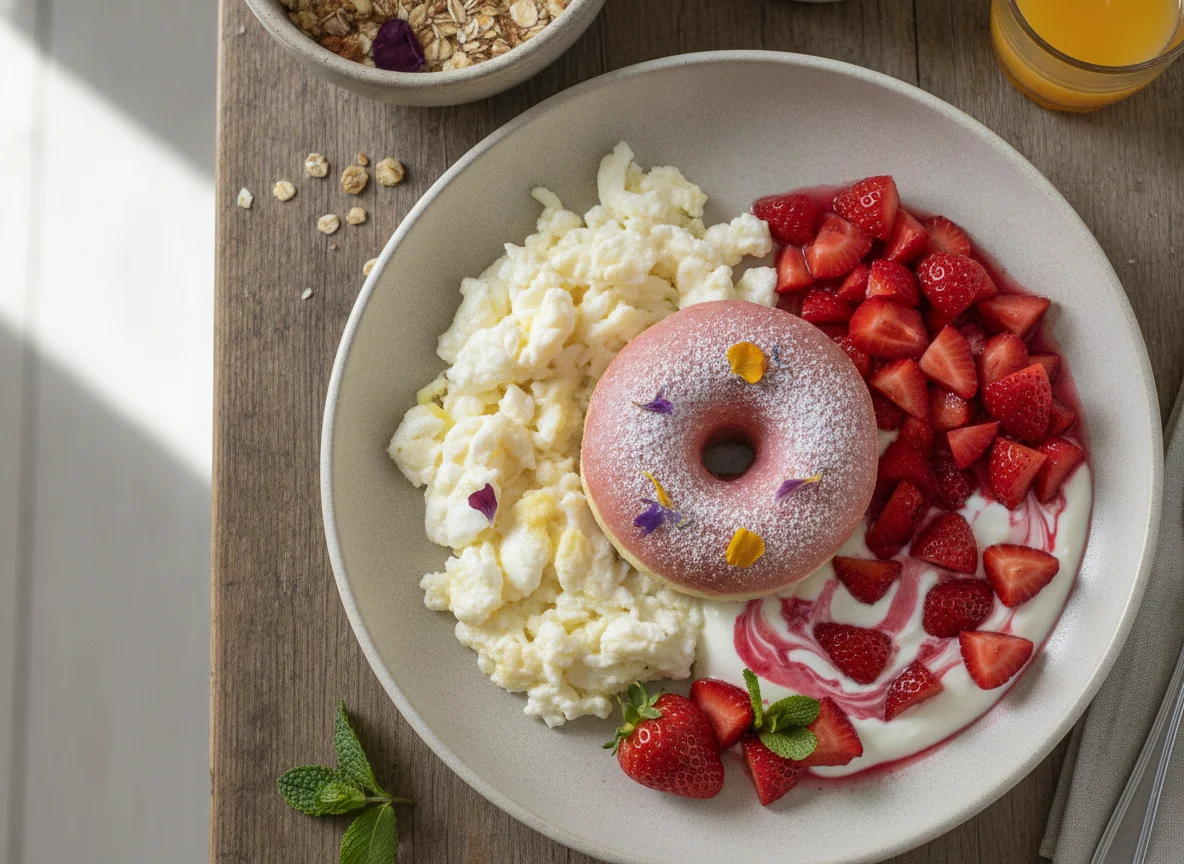 Desayuno con dona de betabel, claras de huevo y fresas photo