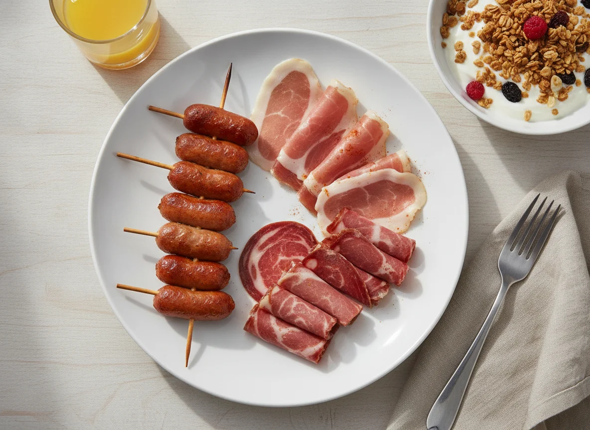 Desayuno con embutidos y yogurt con granola photo