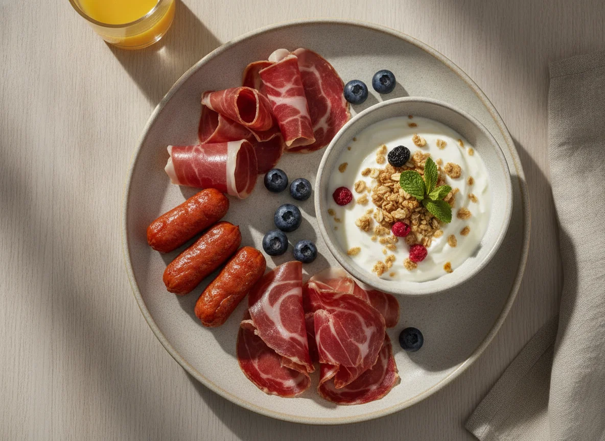 Desayuno con embutidos, yogur y granola photo