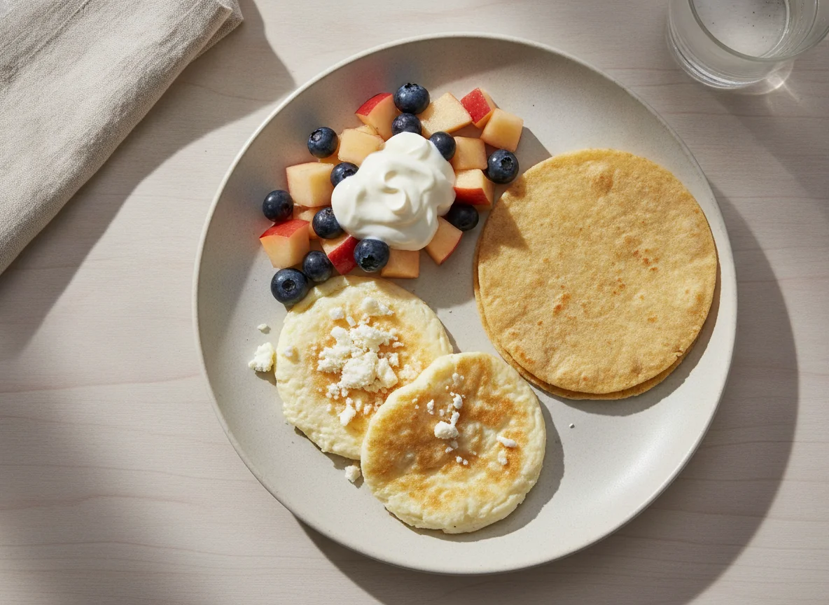 Desayuno con ensalada de frutas, huevos y tortilla photo