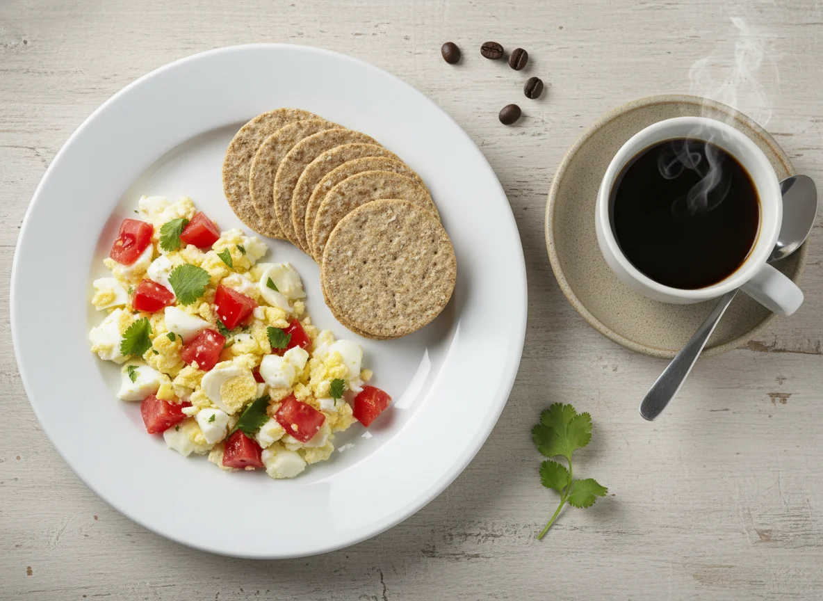 Desayuno con ensalada de huevo y tomate, galletas saladas y café photo