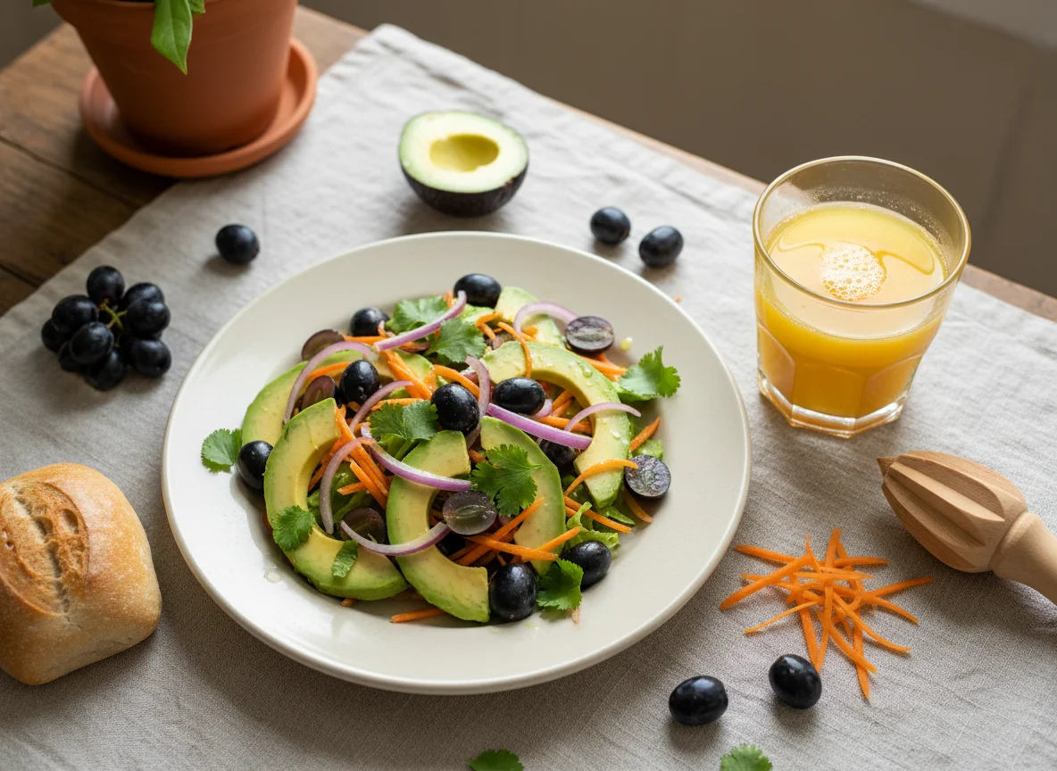 Desayuno con ensalada de palta y jugo de naranja photo