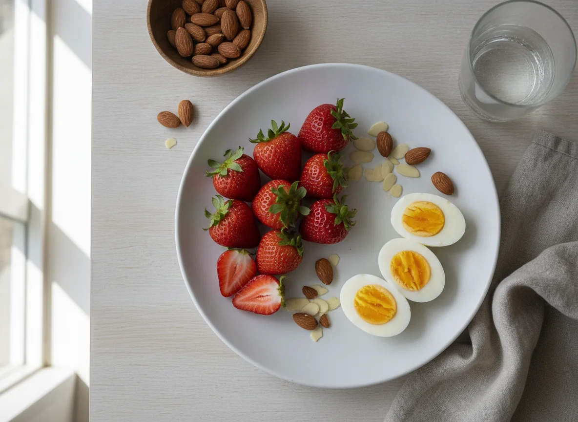 Desayuno con fresas, huevos y almendras photo