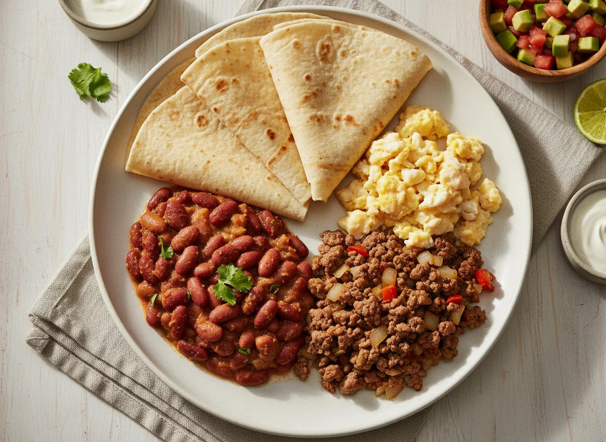 Desayuno con frijoles, carne molida y tortilla photo