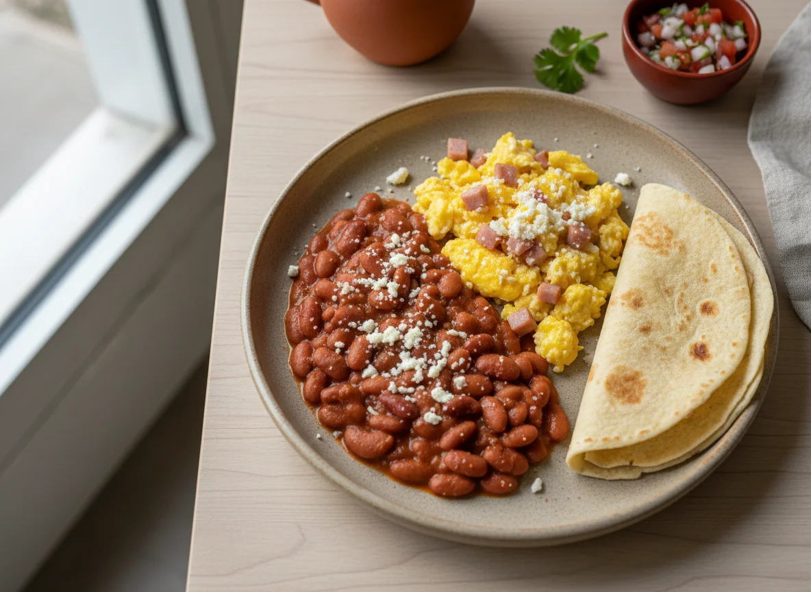 Desayuno con frijoles, huevos y tortilla photo