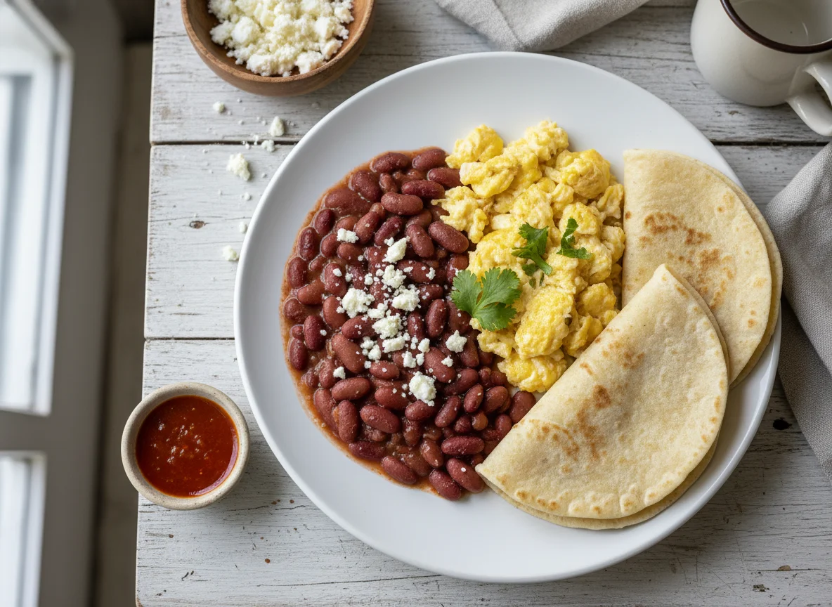 Desayuno con frijoles, huevos y tortillas photo