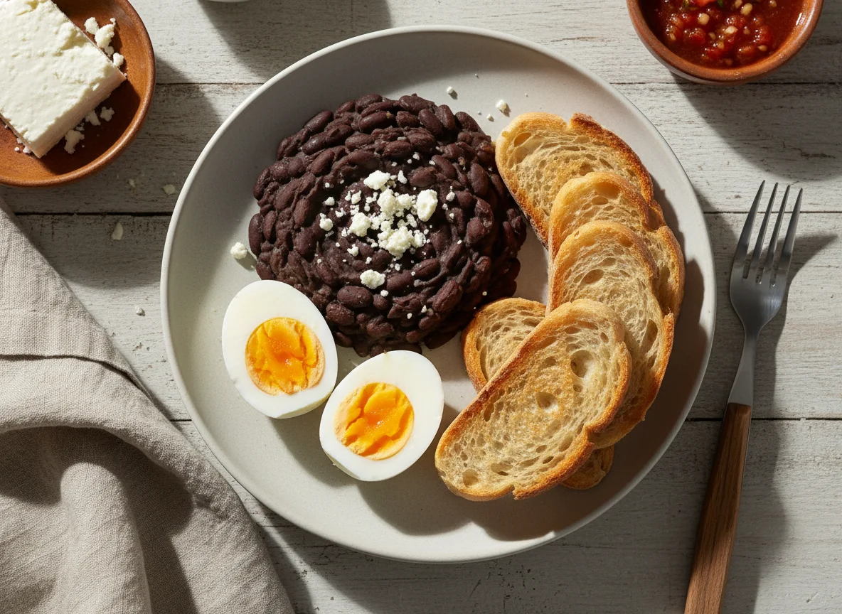Desayuno con frijoles, queso, pan y huevos photo