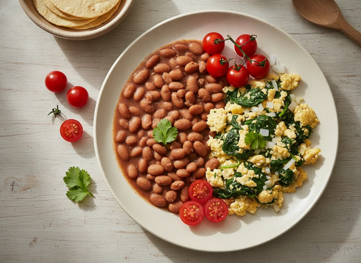 Desayuno con frijoles y huevos revueltos photo