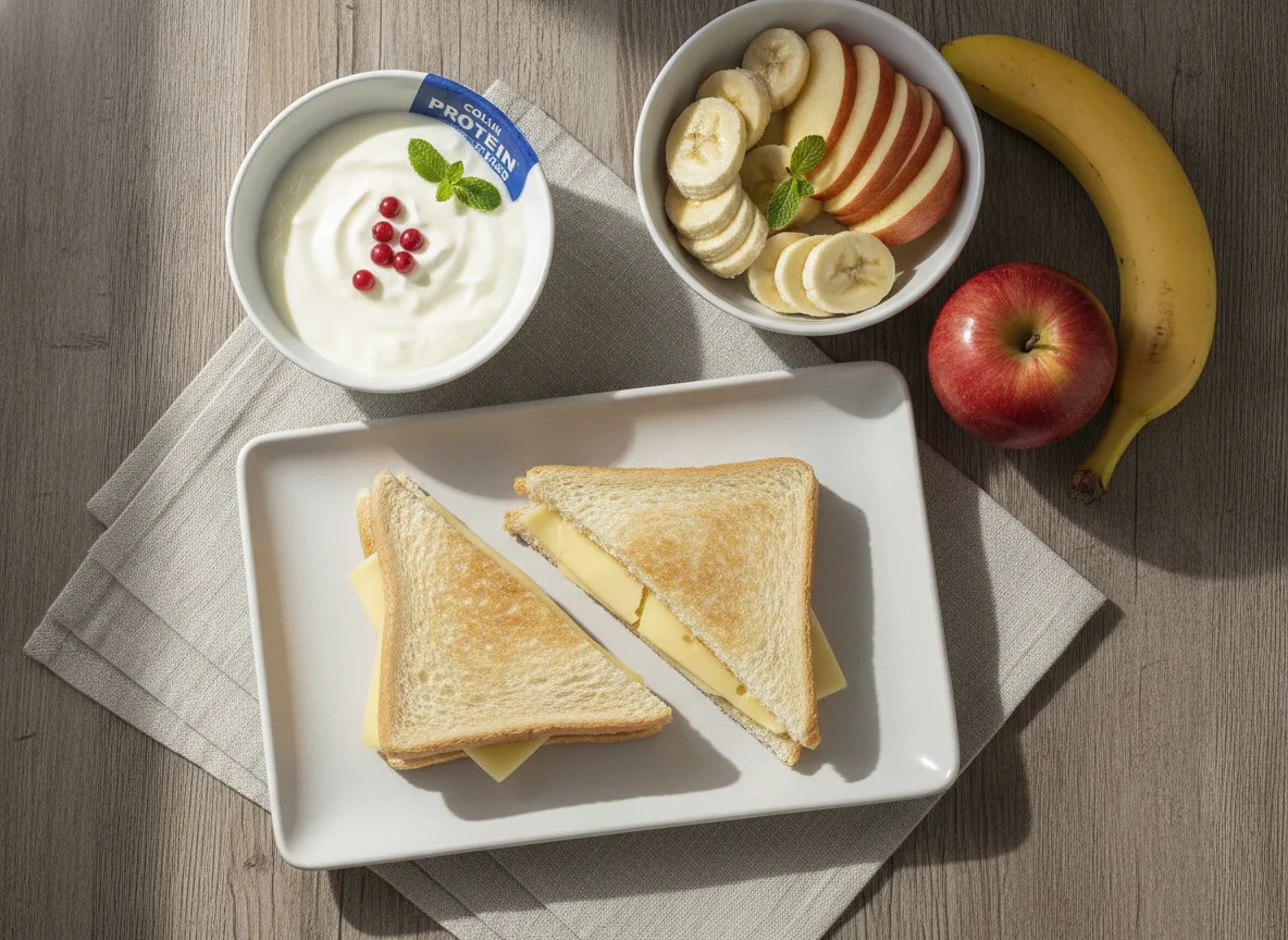 Desayuno con fruta, sándwich y yogurt de proteína photo