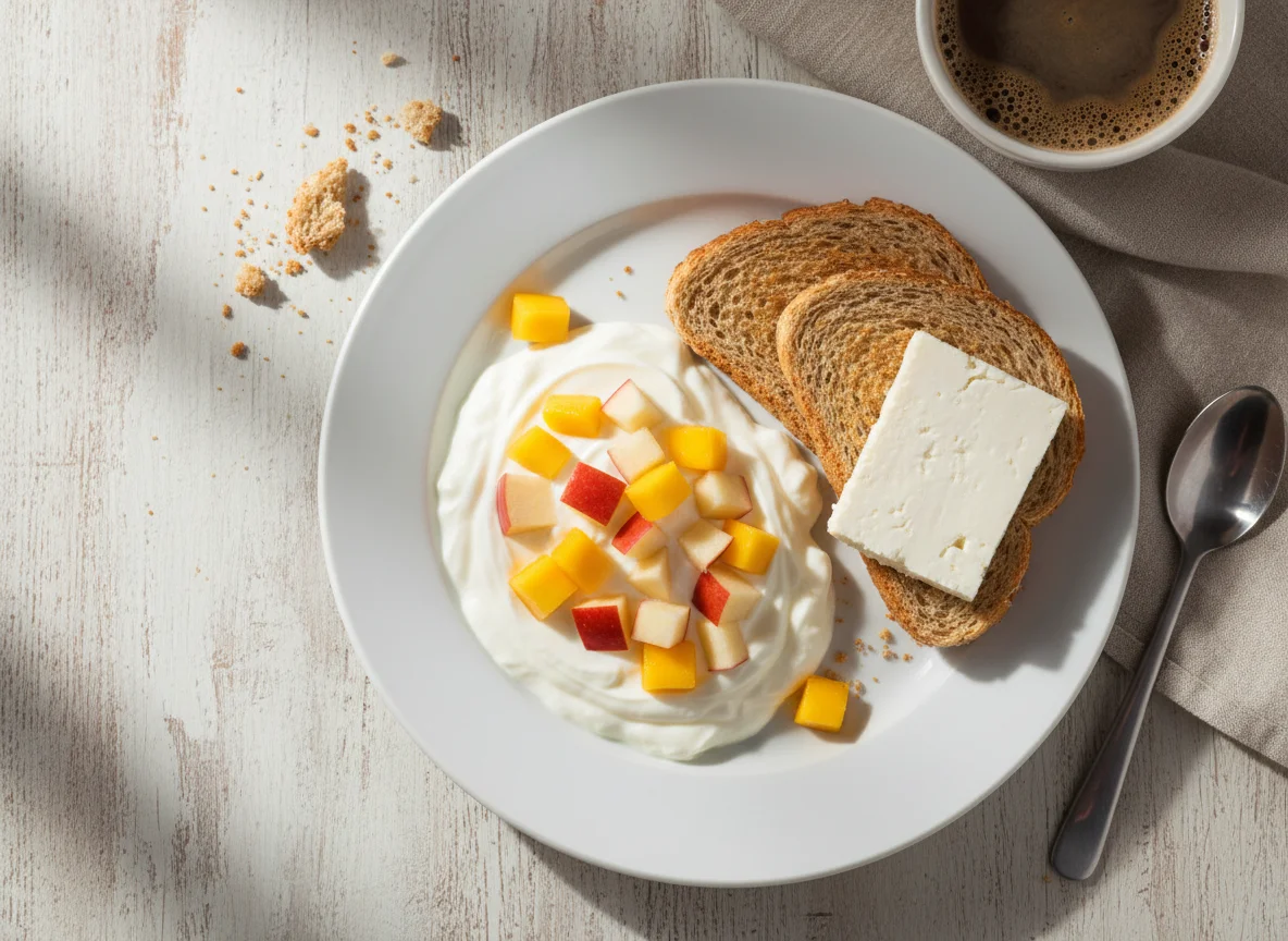 Desayuno con fruta, yogur, pan tostado y queso photo
