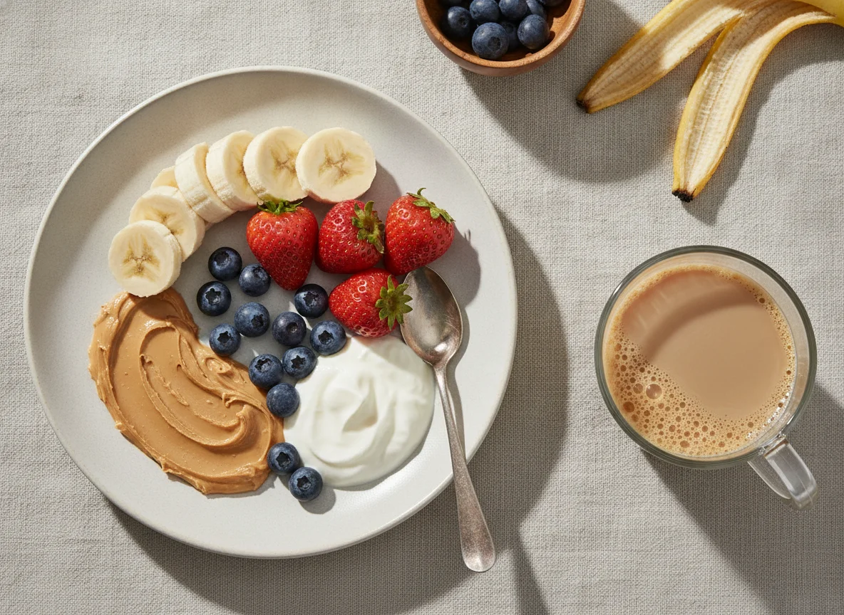 Desayuno con frutas, mantequilla de maní y café con leche photo