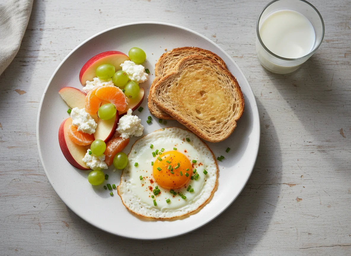 Desayuno con frutas, tostada y huevo photo