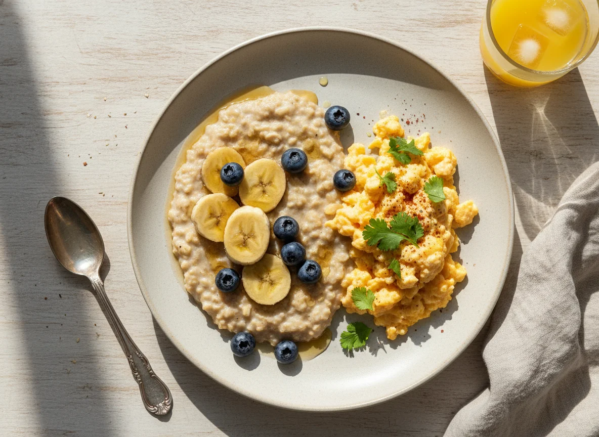 Desayuno con gachas y huevos revueltos photo