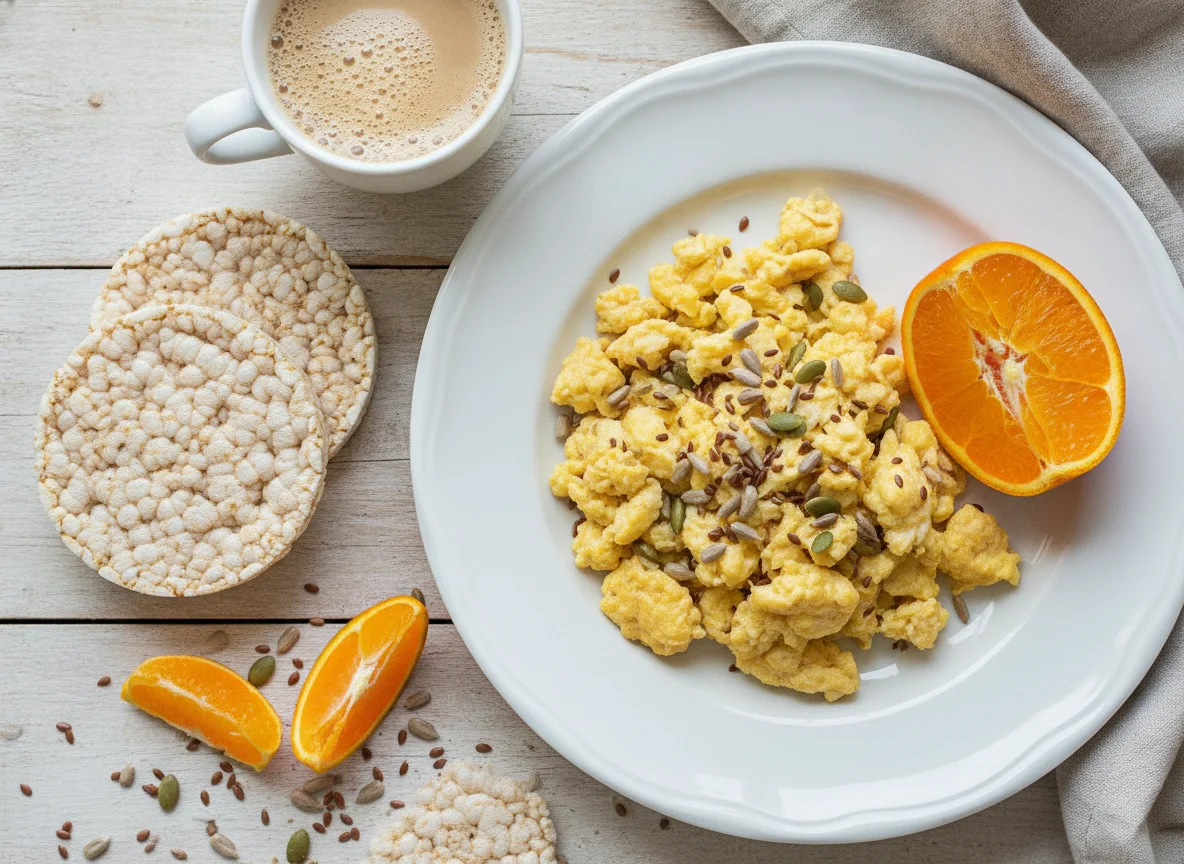 Desayuno con galleta de arroz, huevo revuelto, semillas y naranja photo