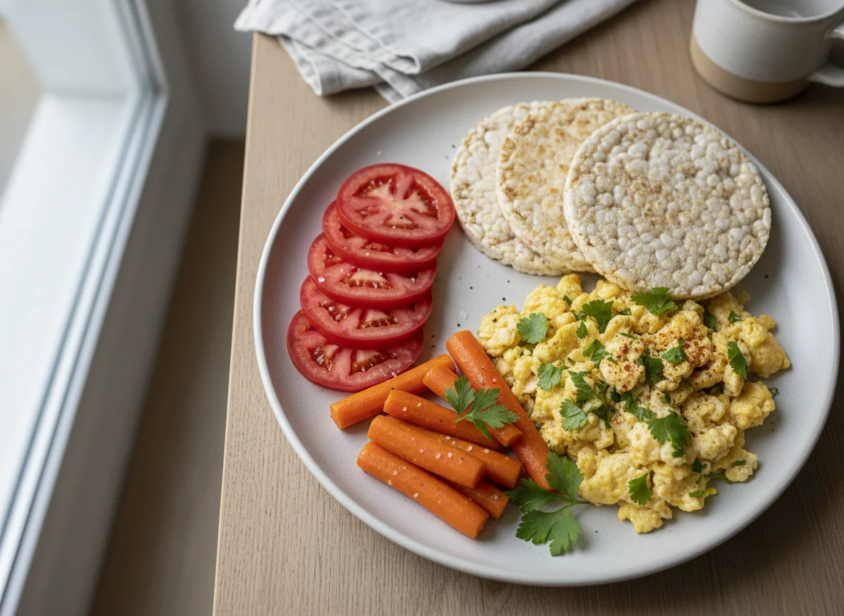 Desayuno con galleta de arroz y huevos revueltos photo