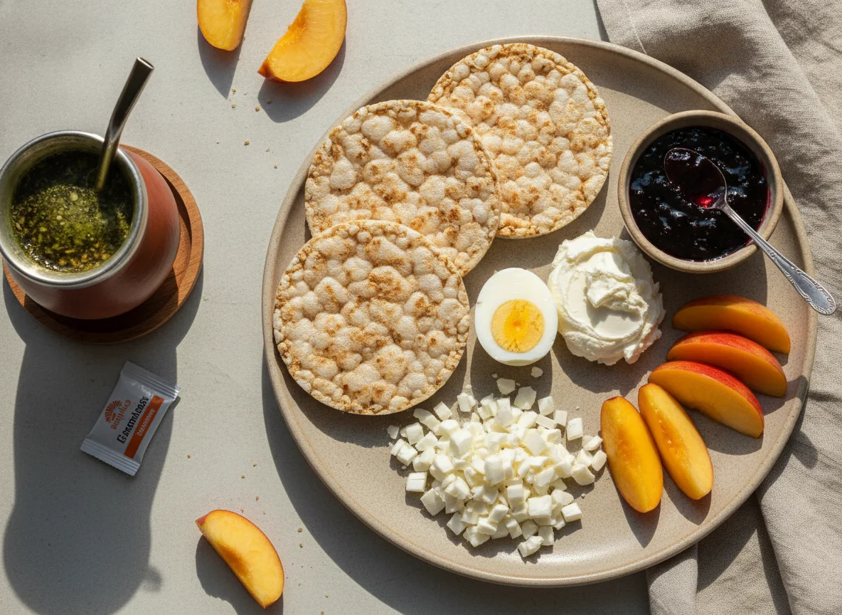 Desayuno con galletas de arroz, huevo, queso y frutas photo