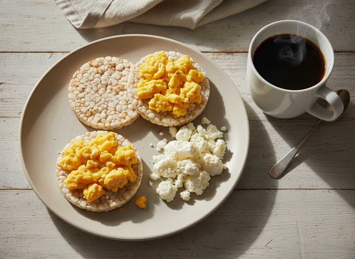 Desayuno con galletas de arroz, queso y café photo