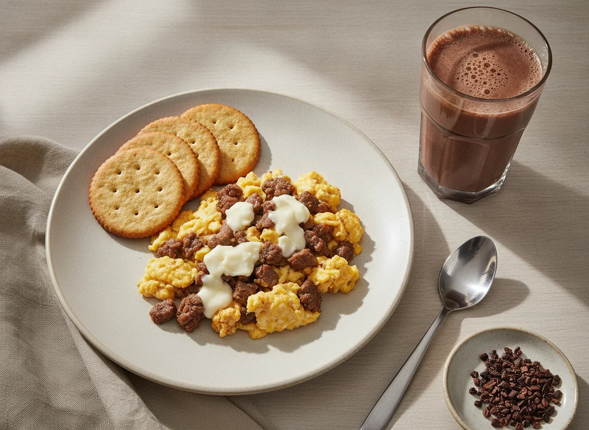 Desayuno con galletas, revuelto y bebida de chocolate photo