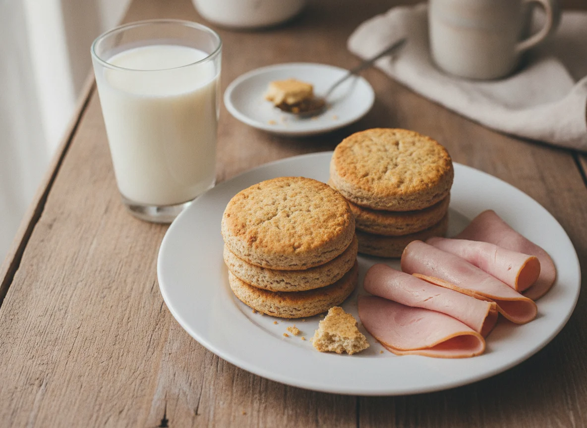 Desayuno con galletas y jamón photo