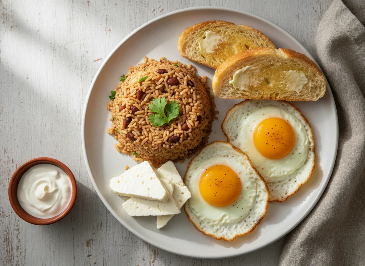 Desayuno con gallo pinto, huevos fritos, queso y tostadas photo