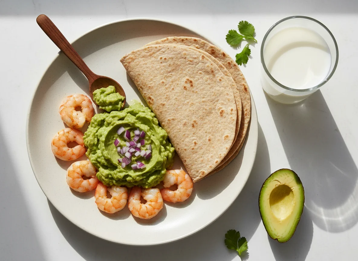 Desayuno con guacamole y gambas, tortillas y leche photo