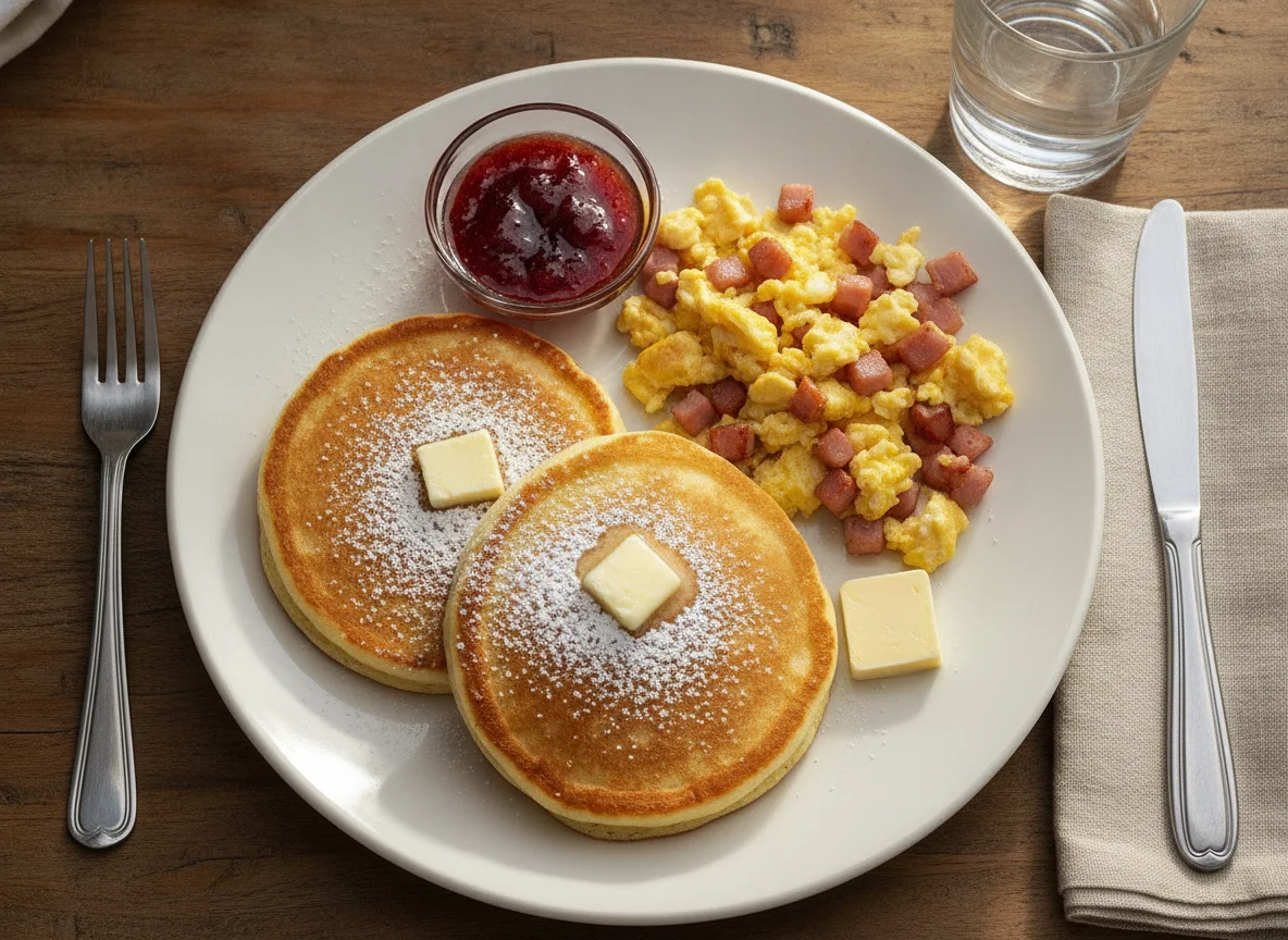 Desayuno con Hot Cakes y Huevo con Jamón photo