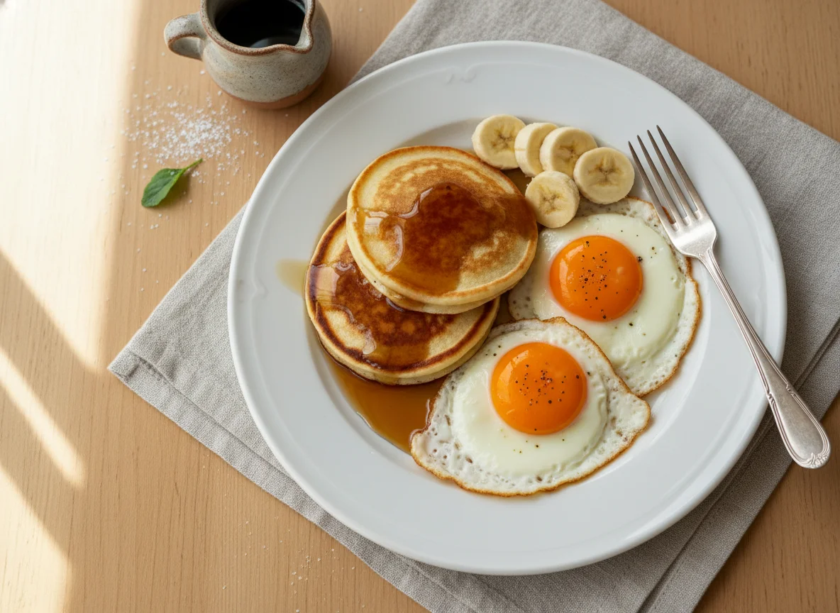 Desayuno con hotcakes y huevos fritos photo
