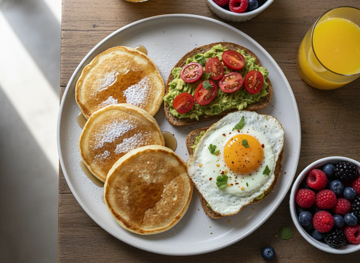 Desayuno con hotcakes y tostada de aguacate con huevo photo