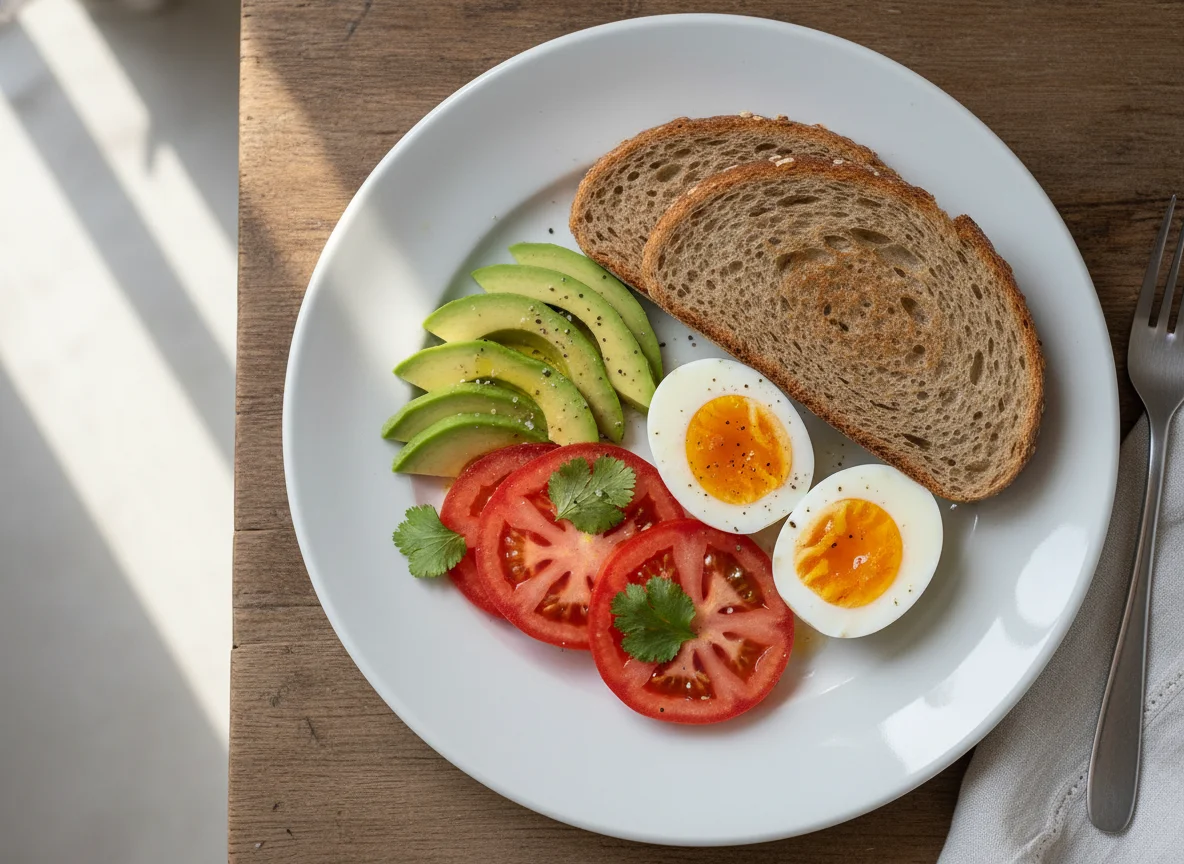 Desayuno con huevo, aguacate, tomate y pan integral photo