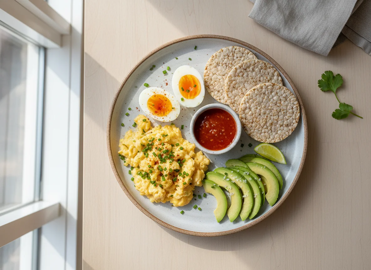 Desayuno con huevo, aguacate y galleta de arroz photo