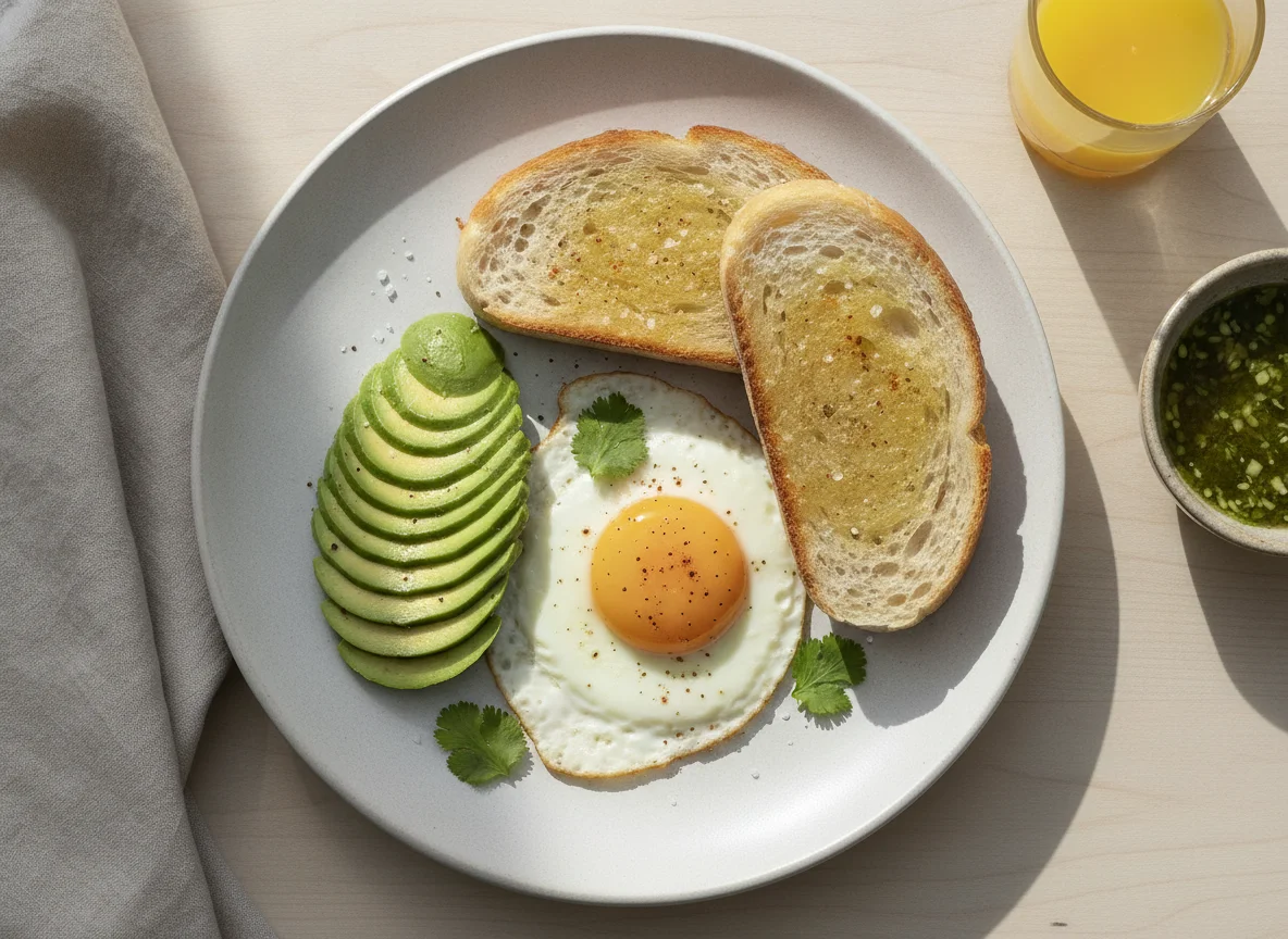 Desayuno con huevo, aguacate y pan photo