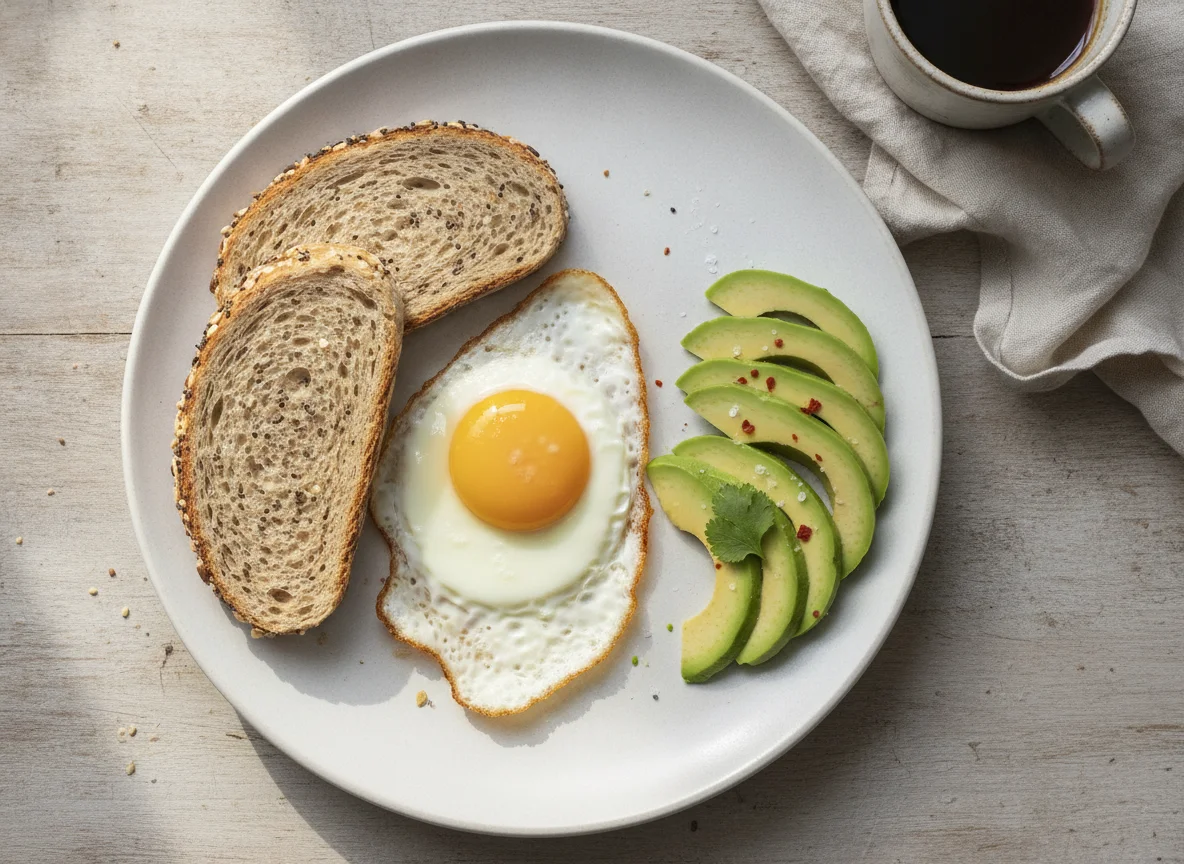 Desayuno con huevo, aguacate y pan integral photo