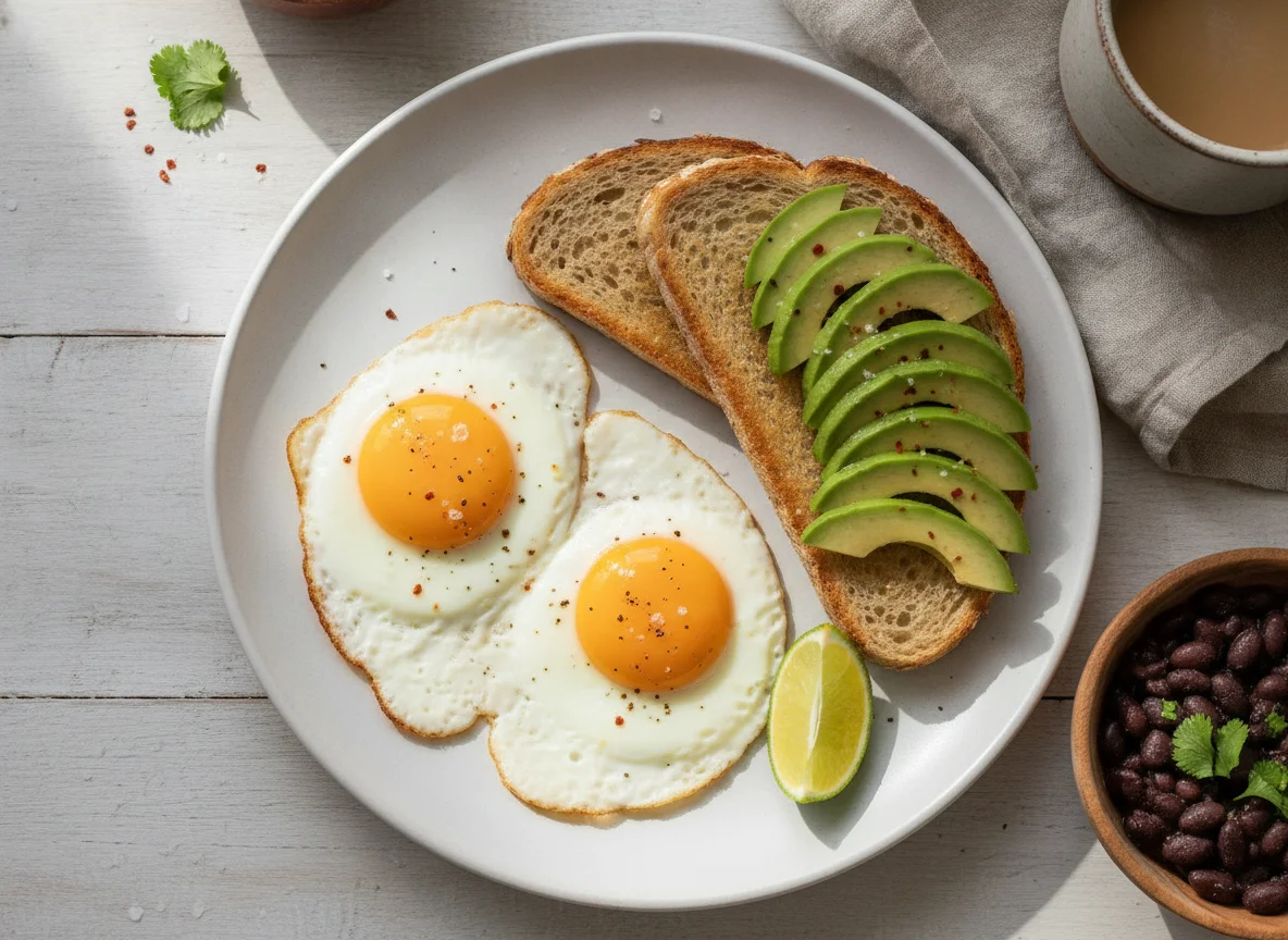 Desayuno con huevo, aguacate y pan tostado photo
