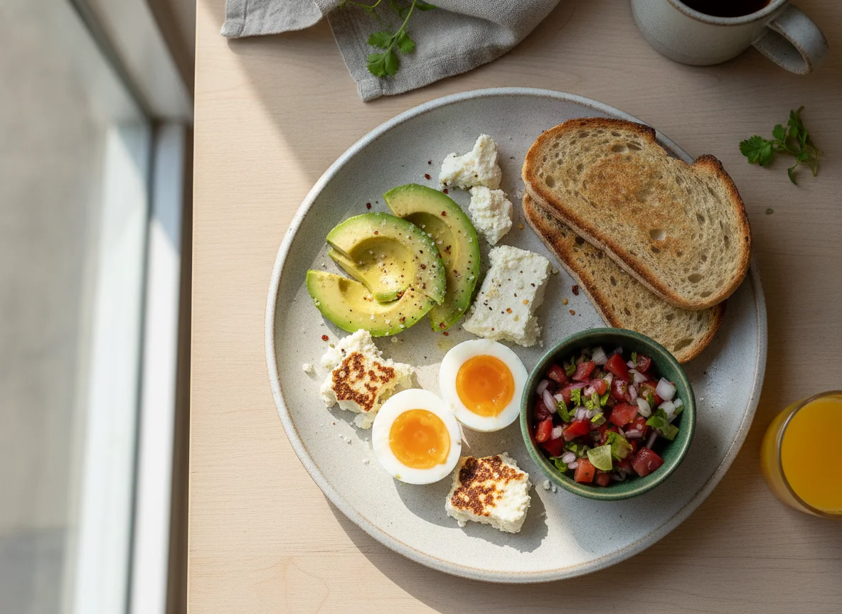 Desayuno con huevo, aguacate y queso fresco photo