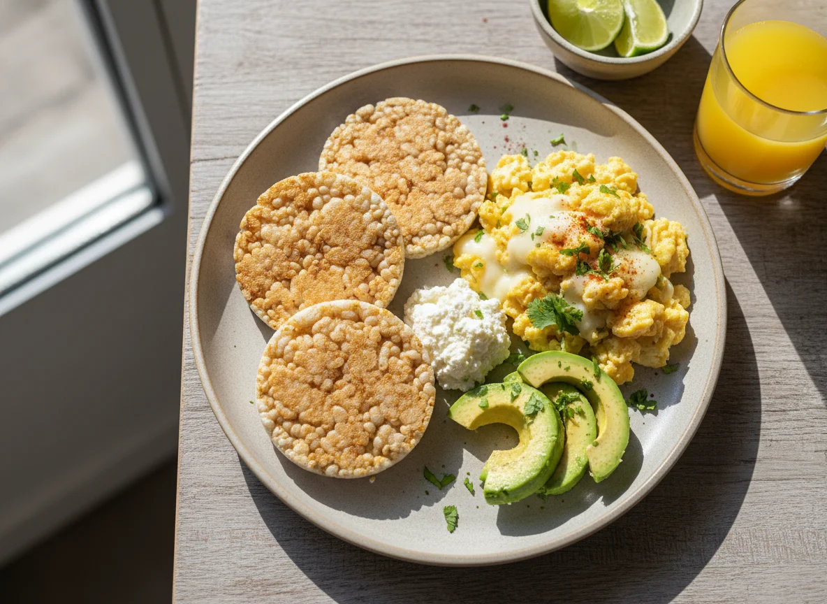 Desayuno con huevo, aguacate y tortitas de arroz photo
