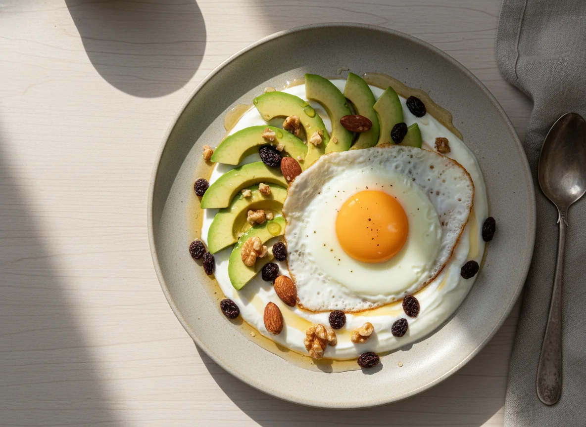 Desayuno con huevo, aguacate y yogur photo