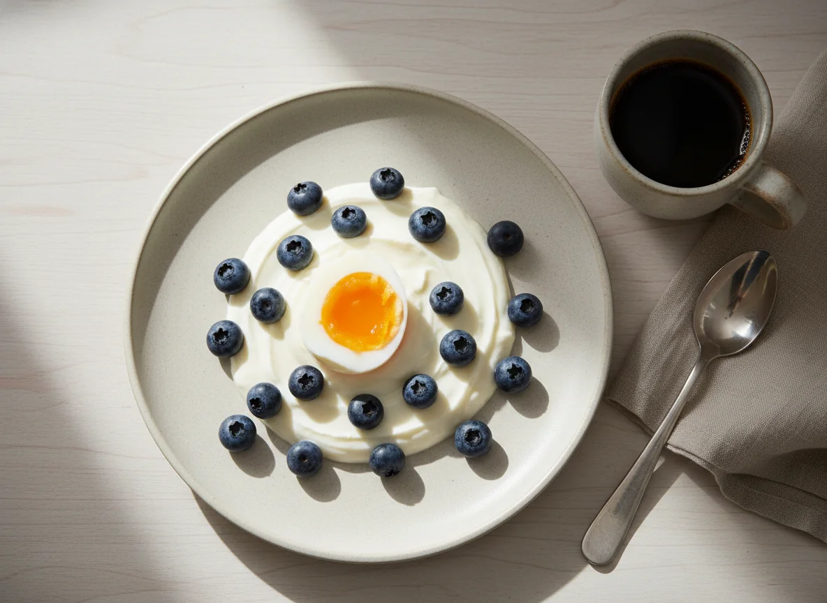 Desayuno con huevo, arándanos, yogur y café photo