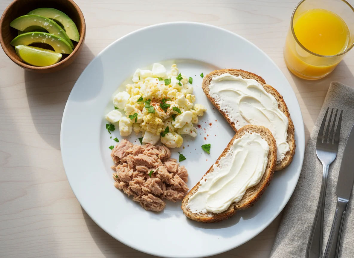 Desayuno con huevo, atún y tostada photo