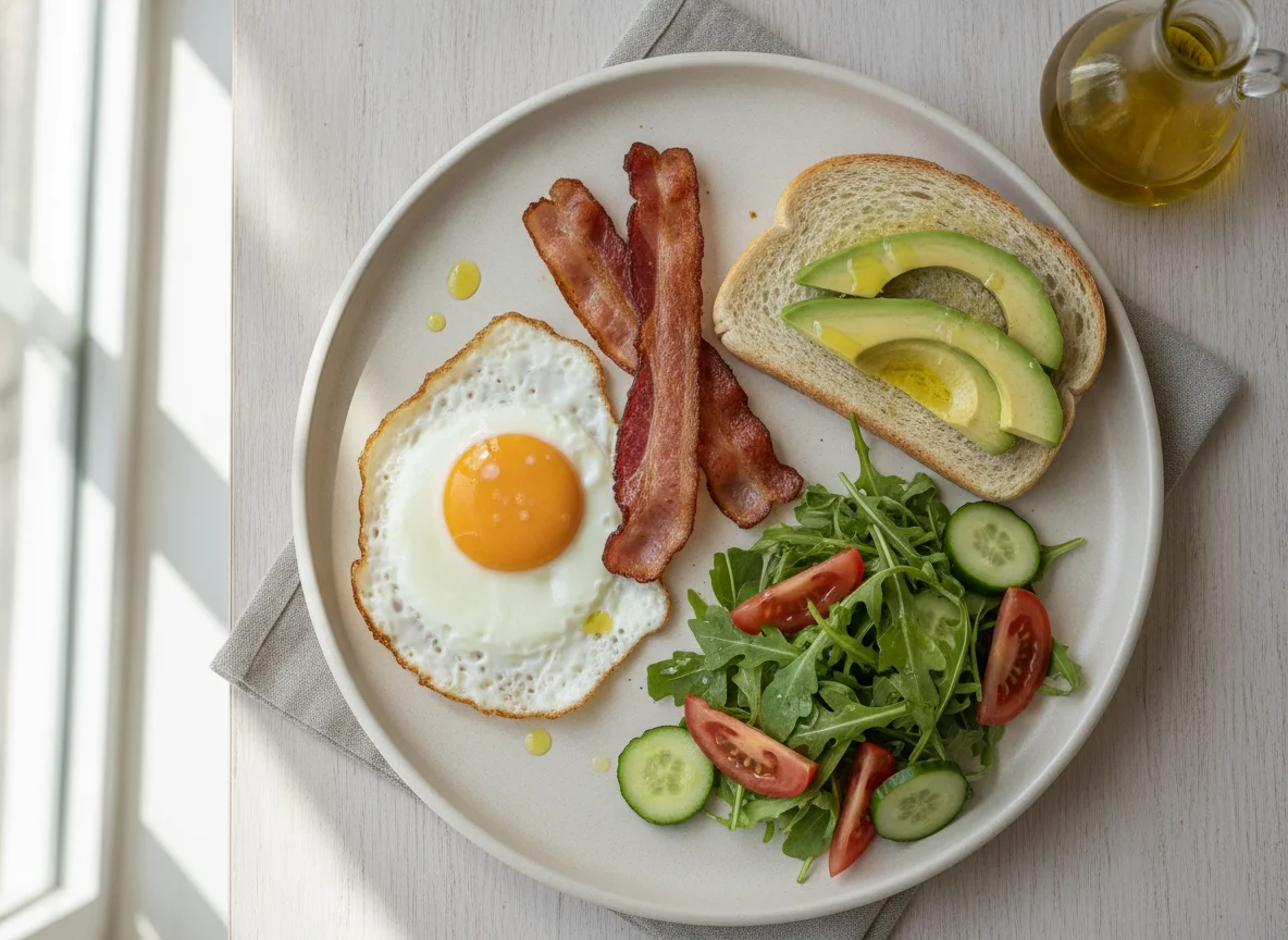 Desayuno con huevo, bacon, aguacate y ensalada photo