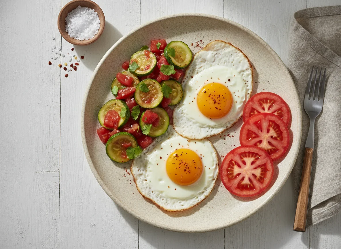 Desayuno con huevo, calabacitas y tomate photo