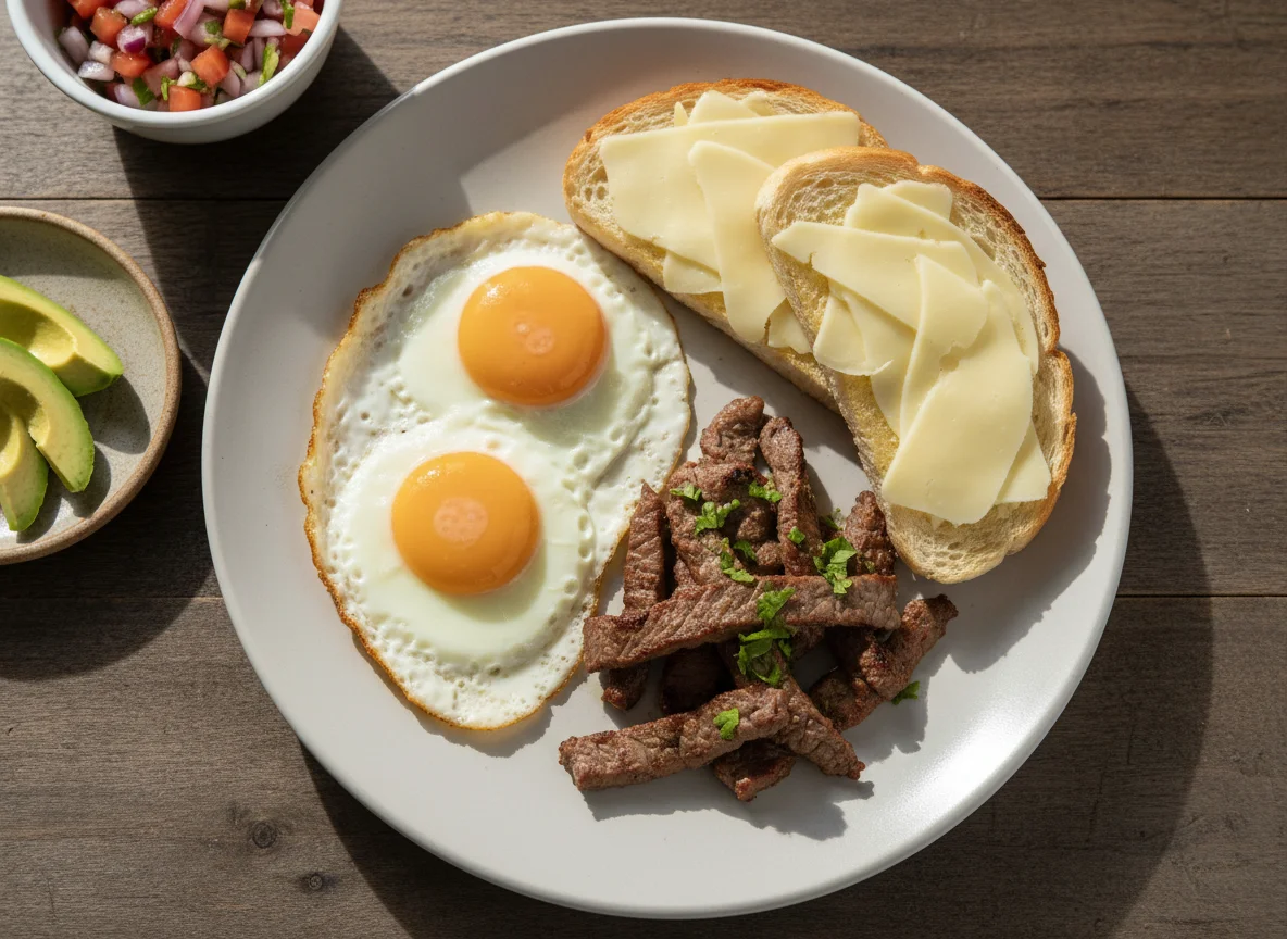 Desayuno con huevo, carne y pan con queso photo