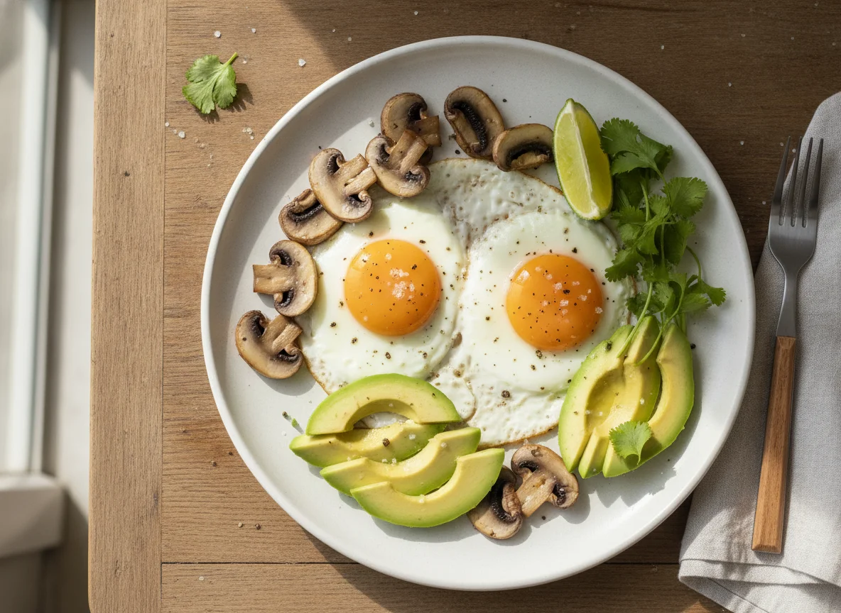 Desayuno con huevo, champiñones y palta photo