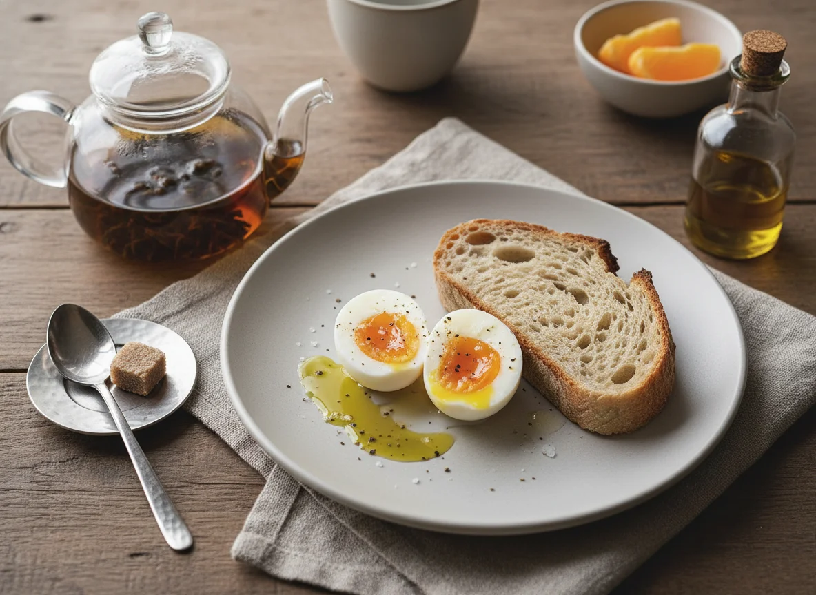 Desayuno con huevo cocido, té y aceite de oliva photo
