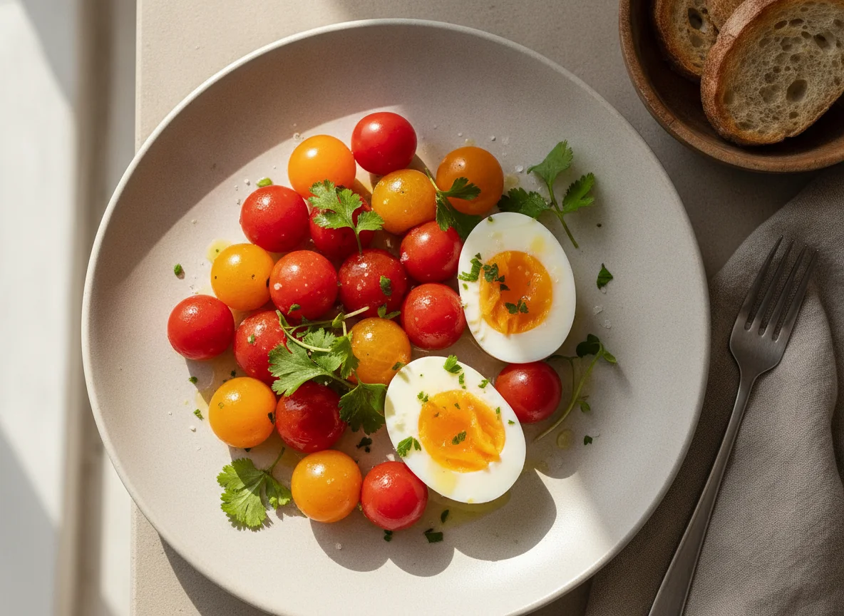 Desayuno con huevo cocido y tomates cherry photo