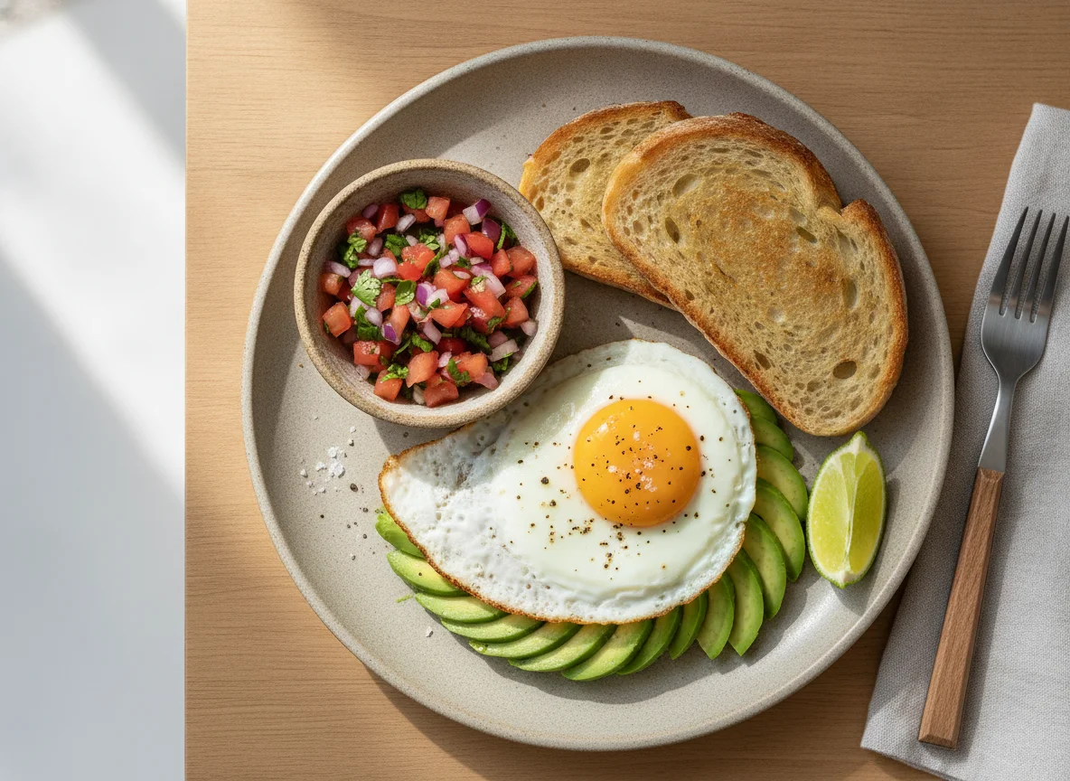 Desayuno con huevo frito, aguacate y tostadas photo