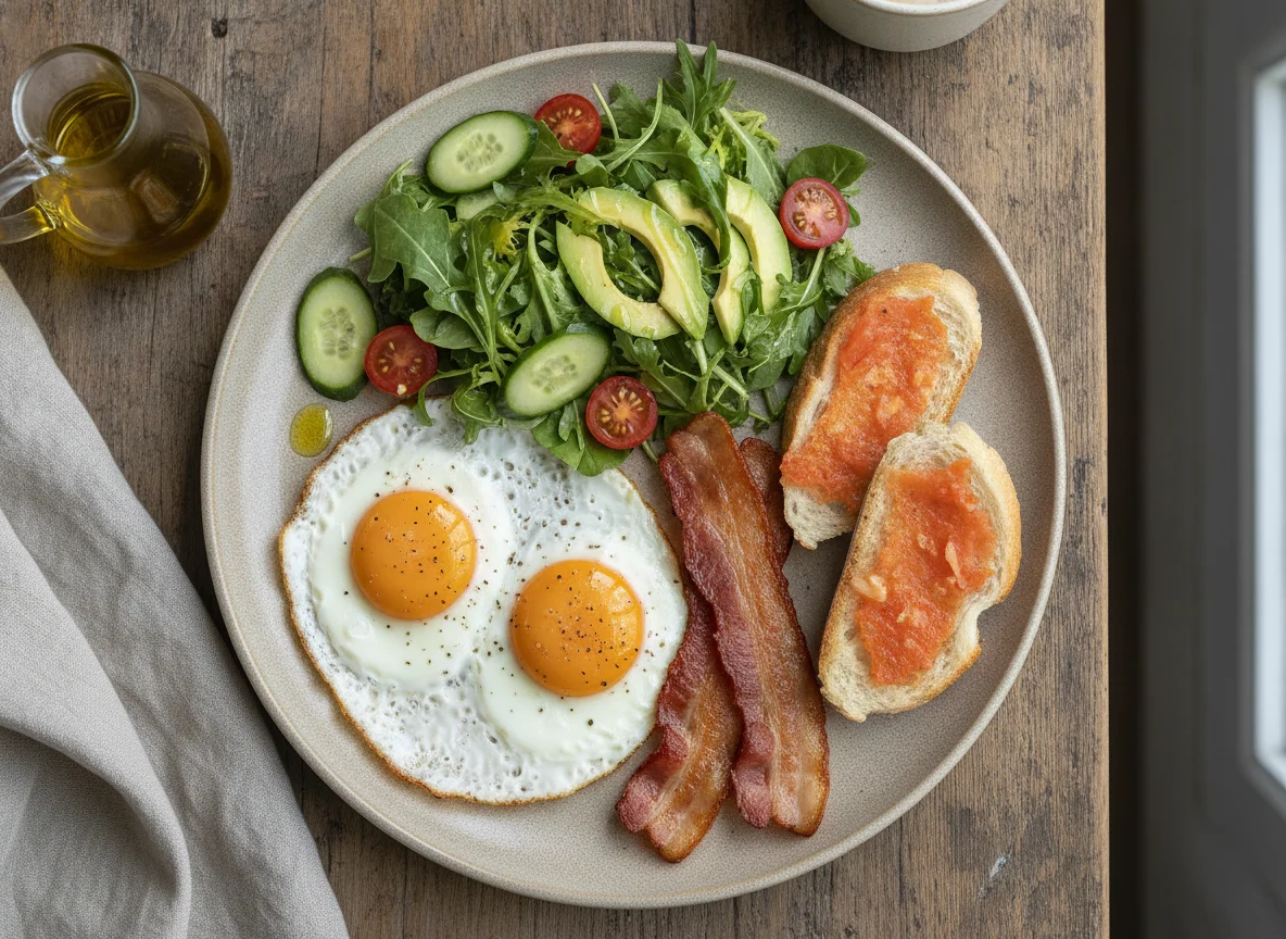 Desayuno con huevo frito, bacon, ensalada y pan photo
