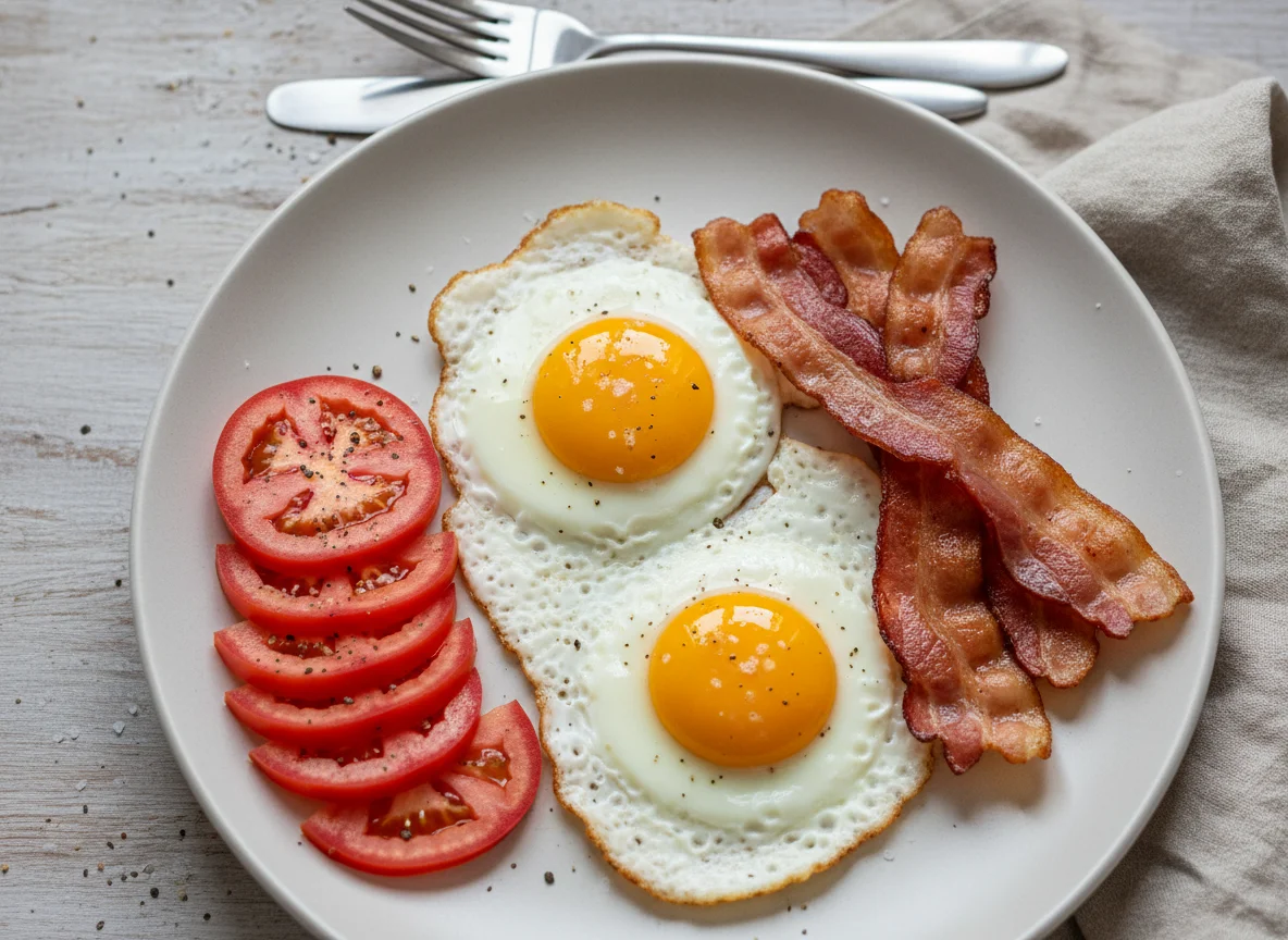 Desayuno con huevo frito, bacon y tomate photo