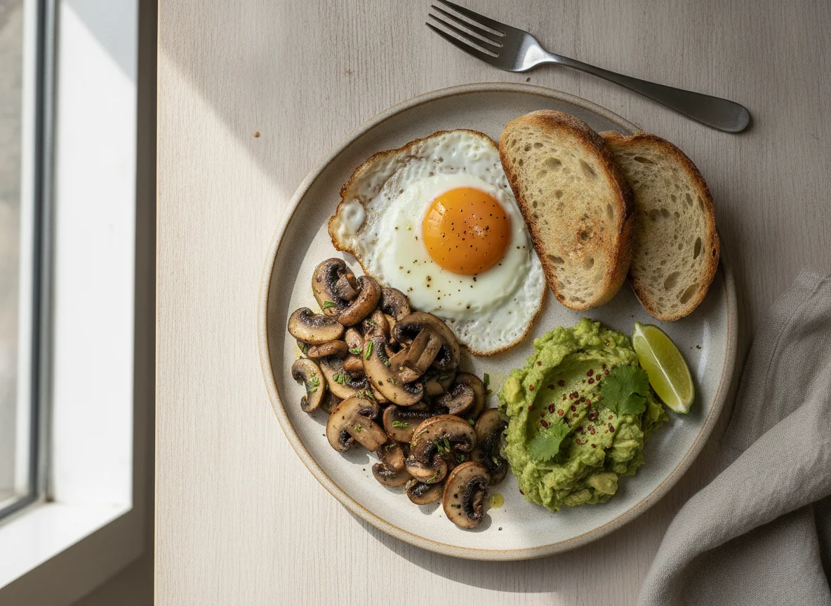 Desayuno con huevo frito, champiñones y palta photo